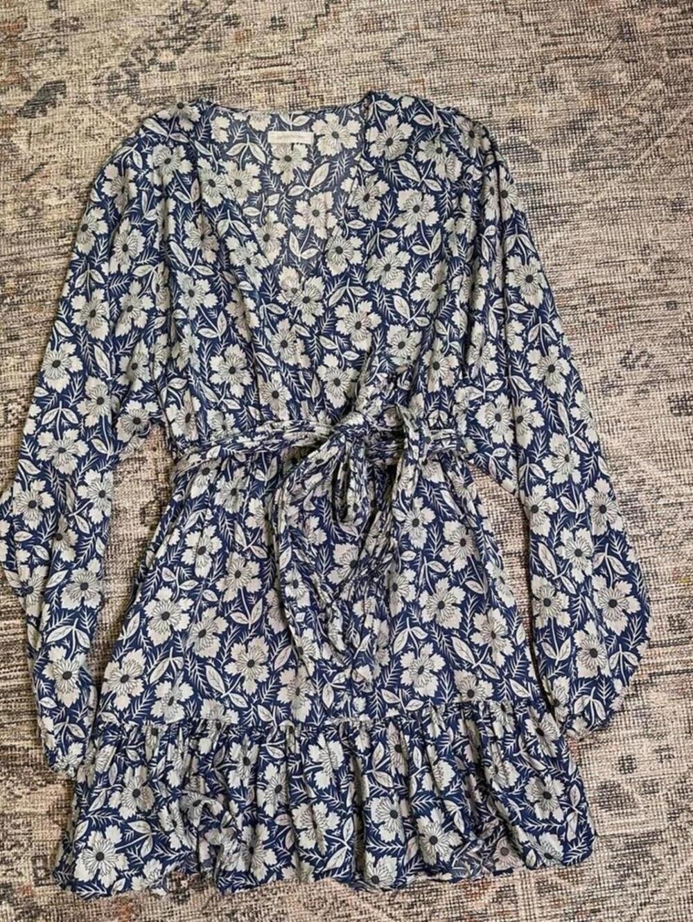 Outerknown Lulu Floral Dress Women Size M Blue Silk Blend Ruffle Festival Boho - Picture 2 of 8